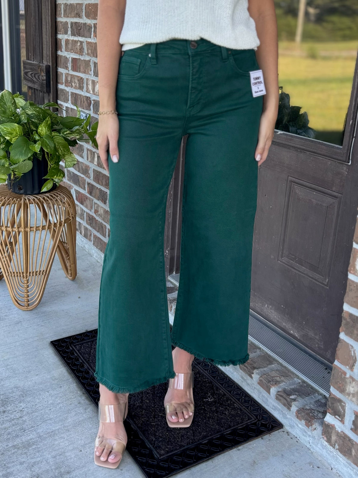 Hunter Green Crop Wide Leg Denim - Risen