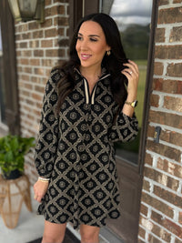 Golden Grid Split Neck Dress