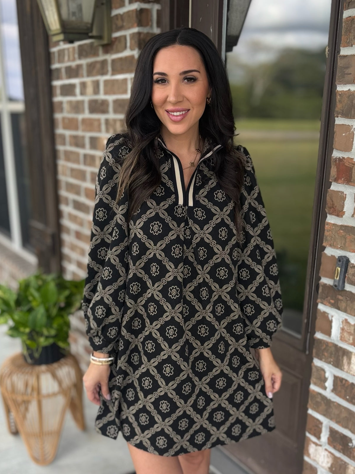 Golden Grid Split Neck Dress