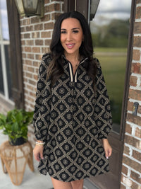 Golden Grid Split Neck Dress