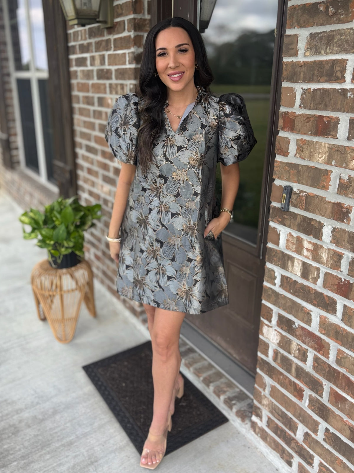 Gilded Petals Puff Sleeve Dress - Blue