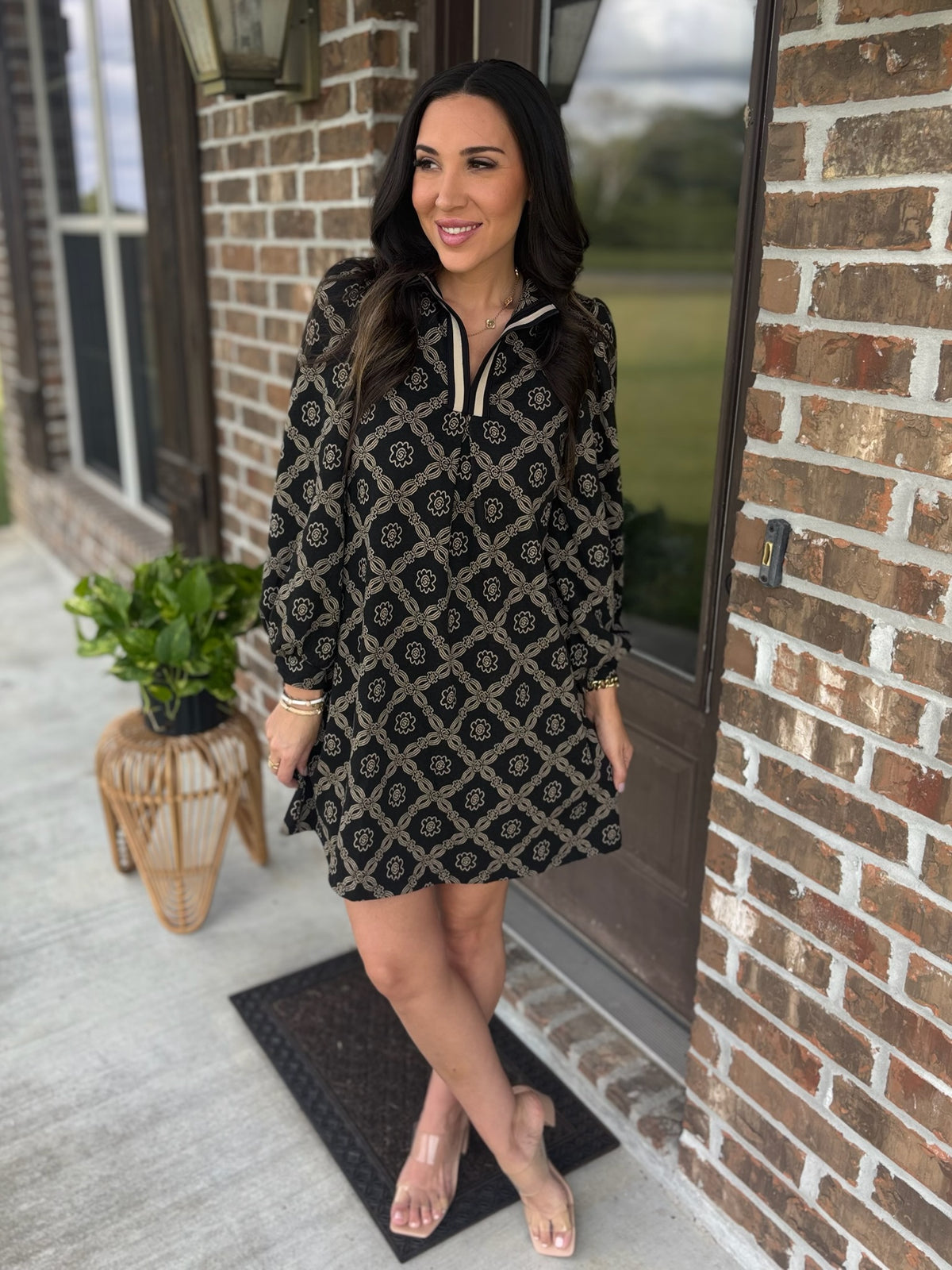Golden Grid Split Neck Dress