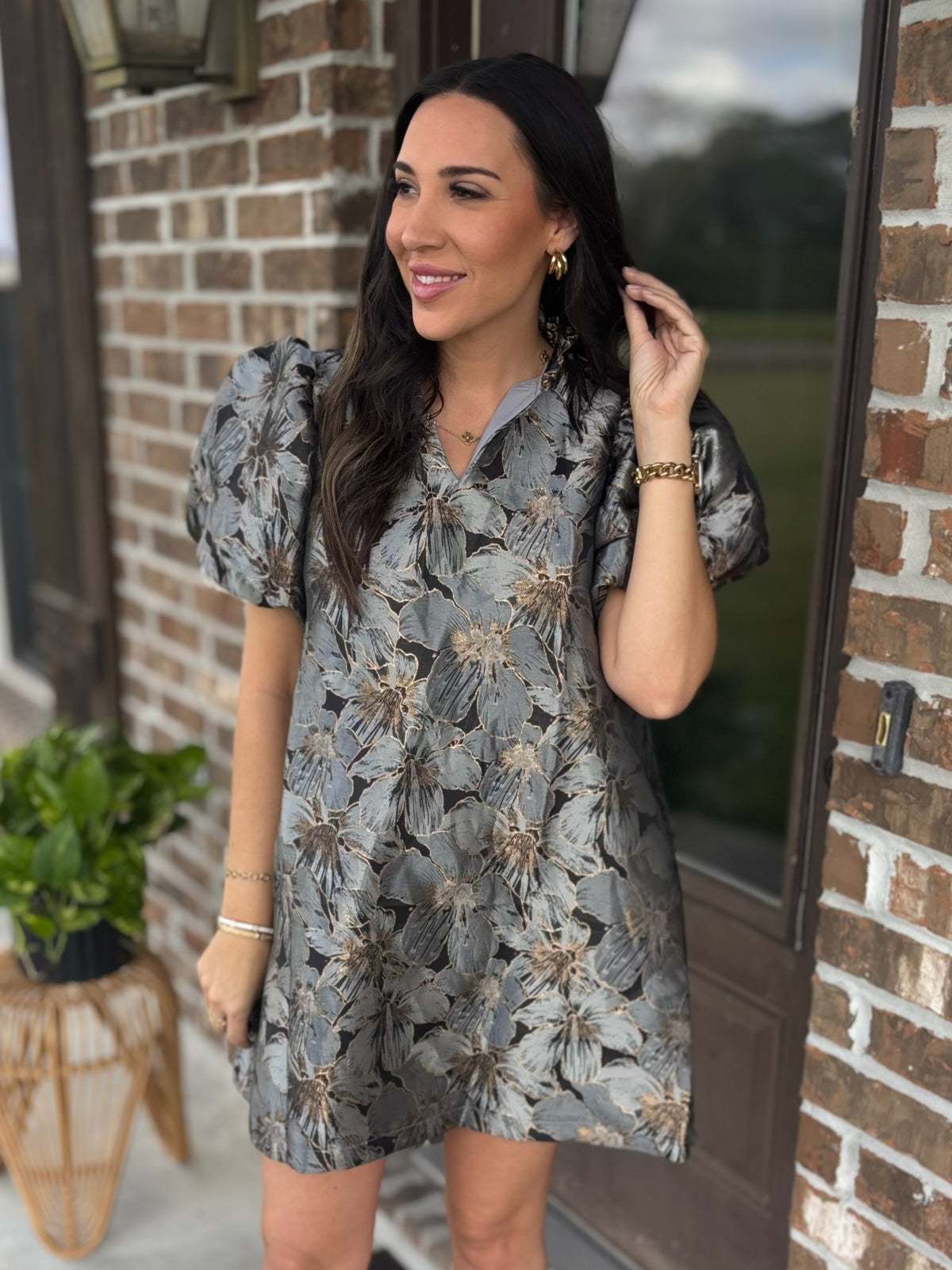 Gilded Petals Puff Sleeve Dress - Blue
