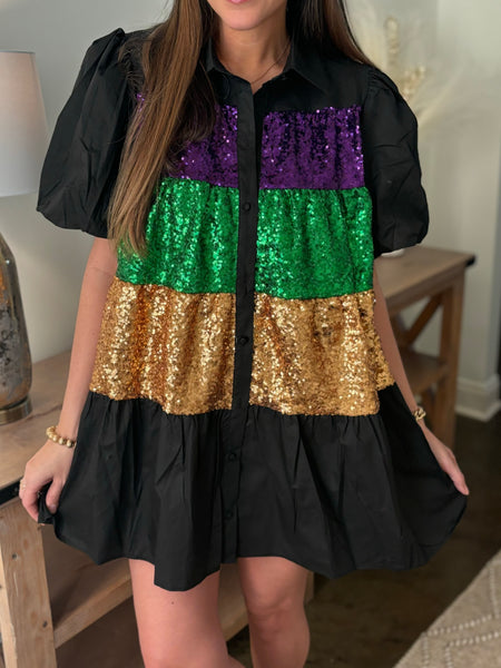Mardi Gras Color Block Sequin Dress