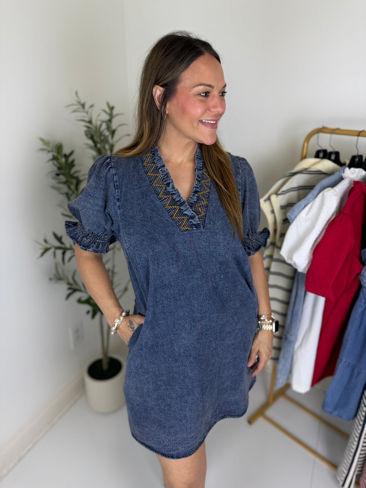 Woman wearing a dark blue denim mini dress with embroidery in a room with a clothing rack and plant.