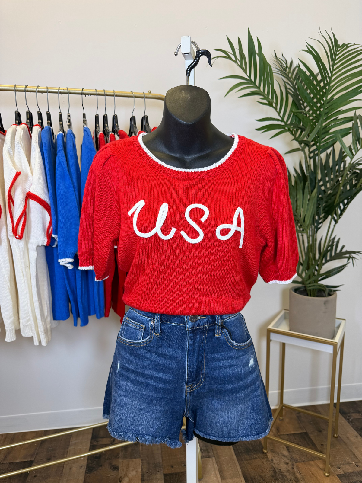 Mannequin wearing a red 'USA' short sleeve sweater and blue shorts in a store setting with clothing racks and plants.