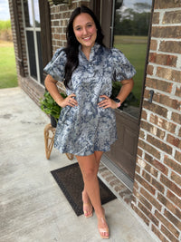 Midnight Marble Puff Sleeve Dress