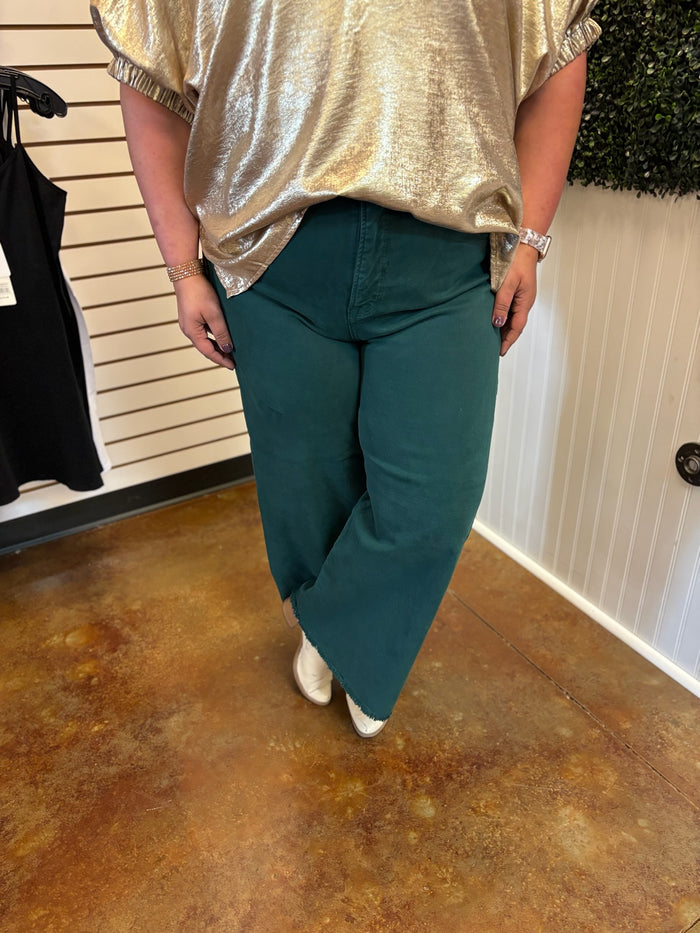 Hunter Green Crop Wide Leg Denim - Risen (Plus)