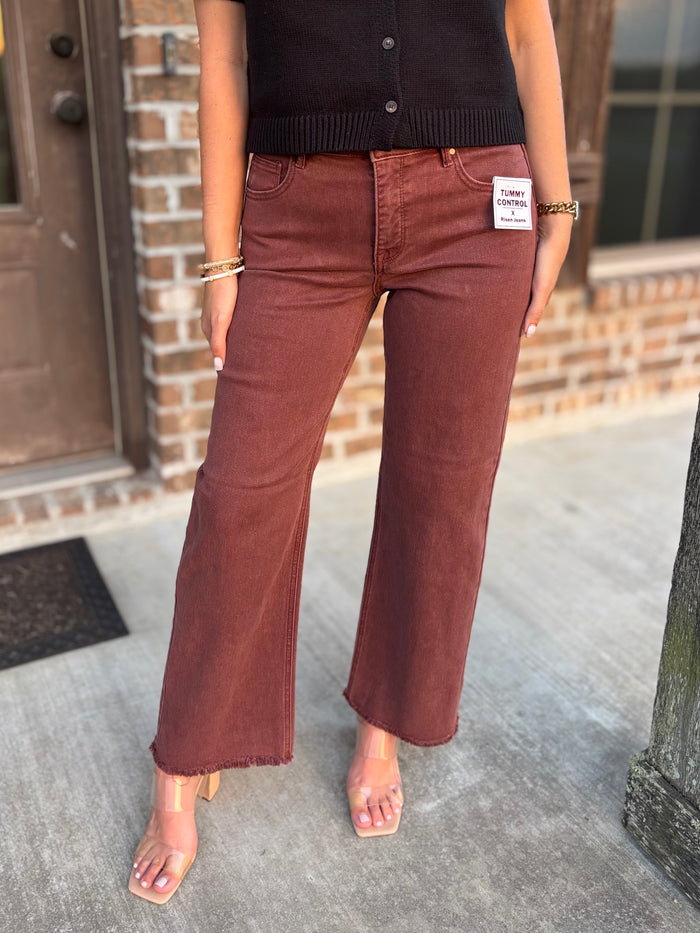 Arden Chocolate Wide Leg Tummy Control Jean - Risen
