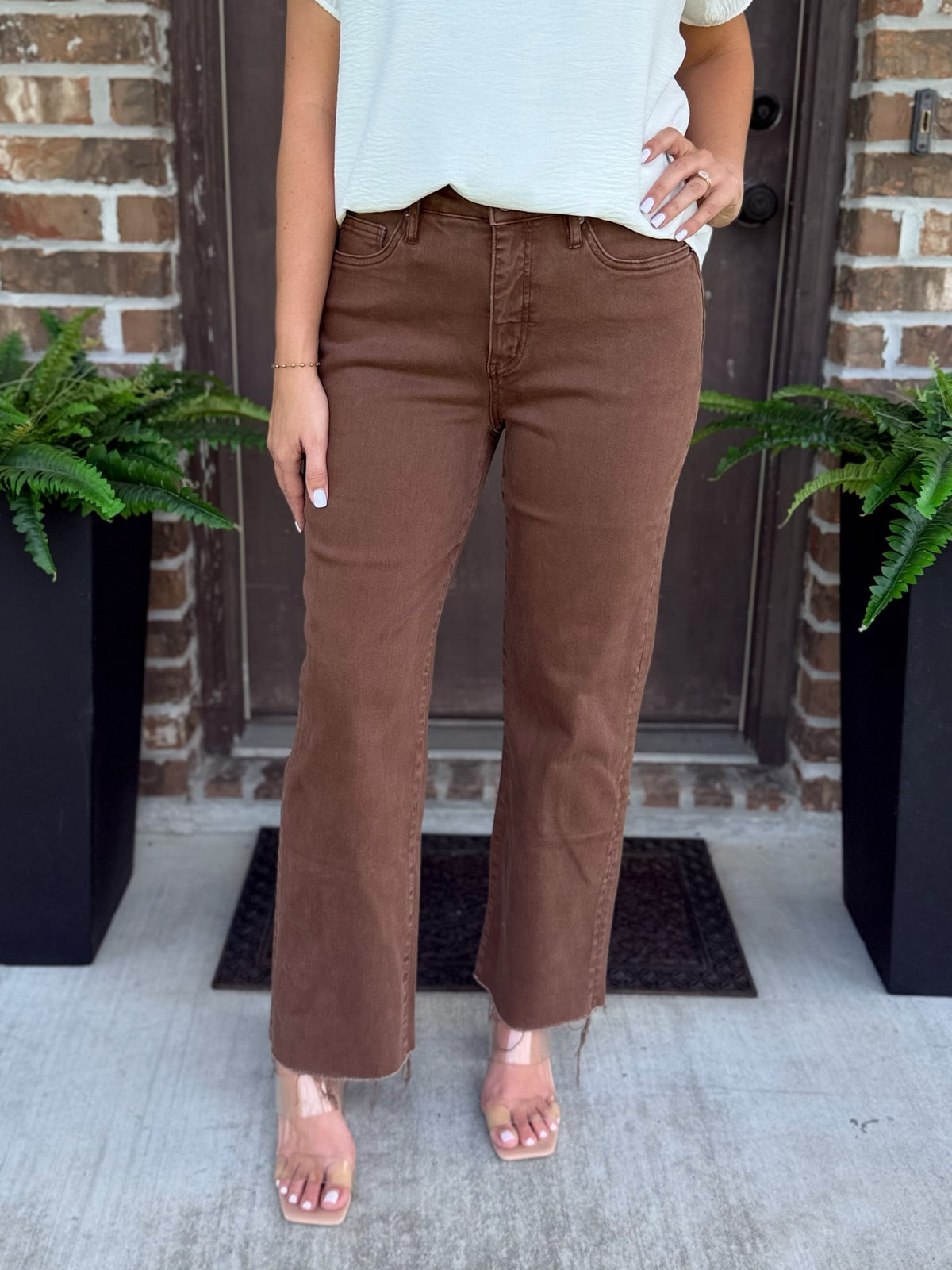Chocolate High Rise Ankle Straight Tummy Control Jean