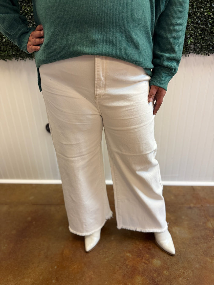 Cream Crop Wide Leg Denim - Risen (Plus)
