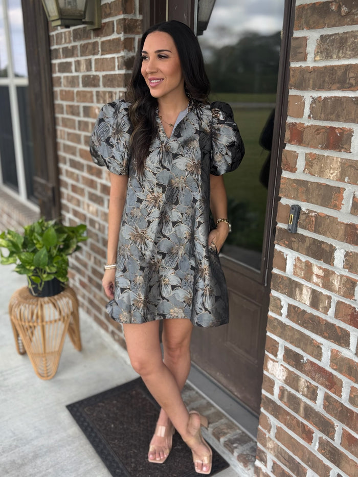 Gilded Petals Puff Sleeve Dress - Blue