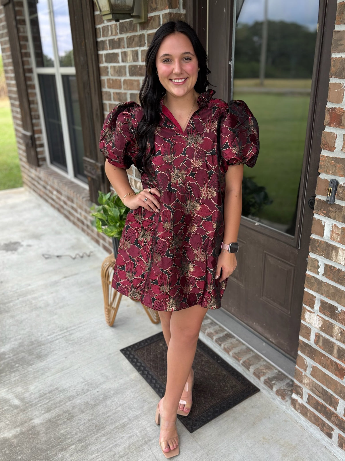 Gilded Petals Puff Sleeve Dress