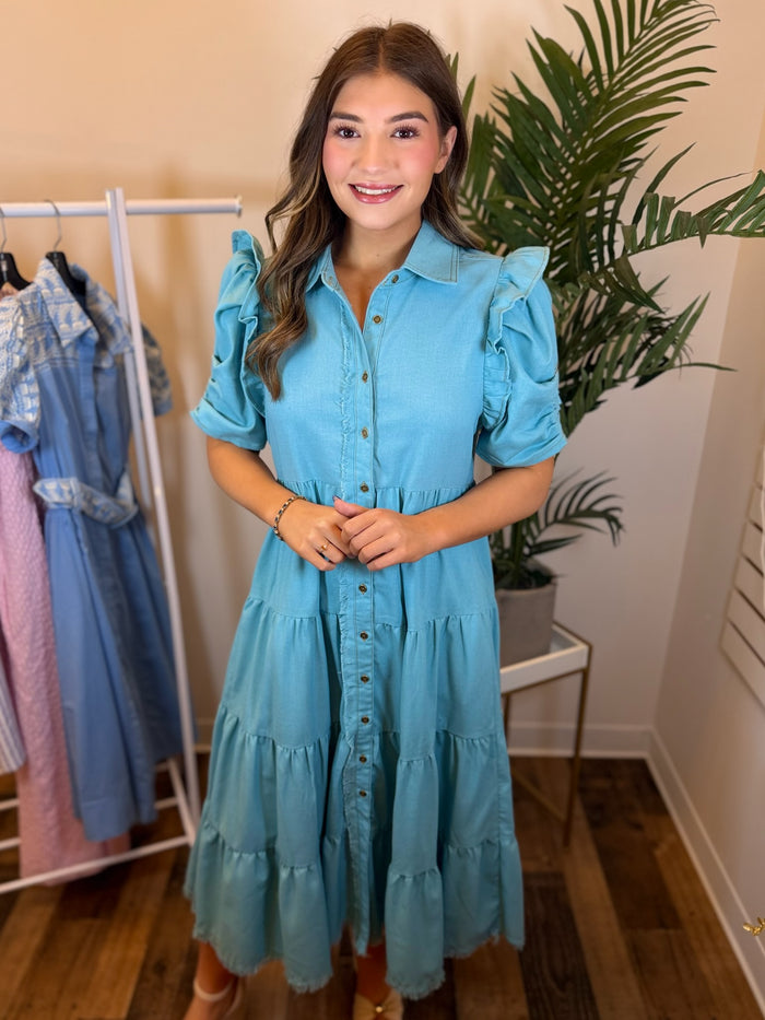 Woman wearing teal midi dress with button front and tiered skirt with clothing rack and plant in background.