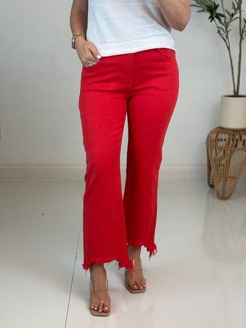 Red Mid Rise Step Hem Jean - Risen