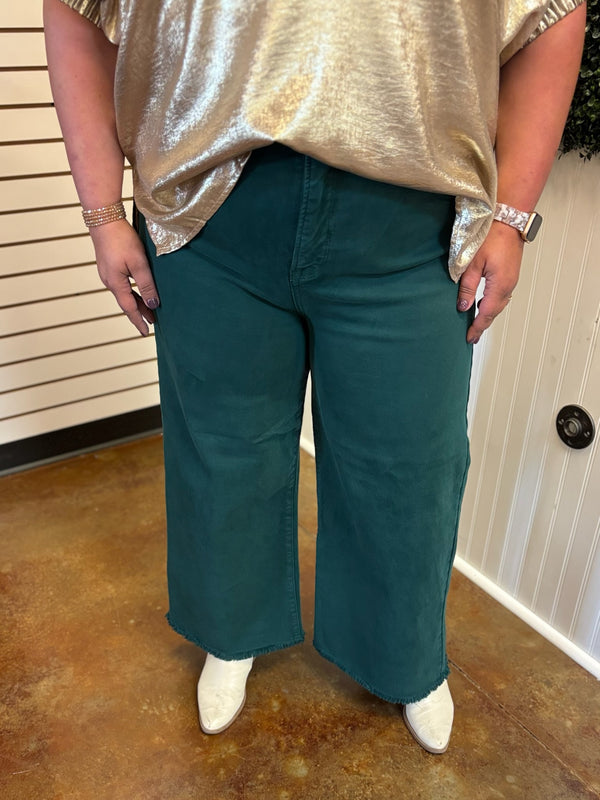 Hunter Green Crop Wide Leg Denim - Risen (Plus)