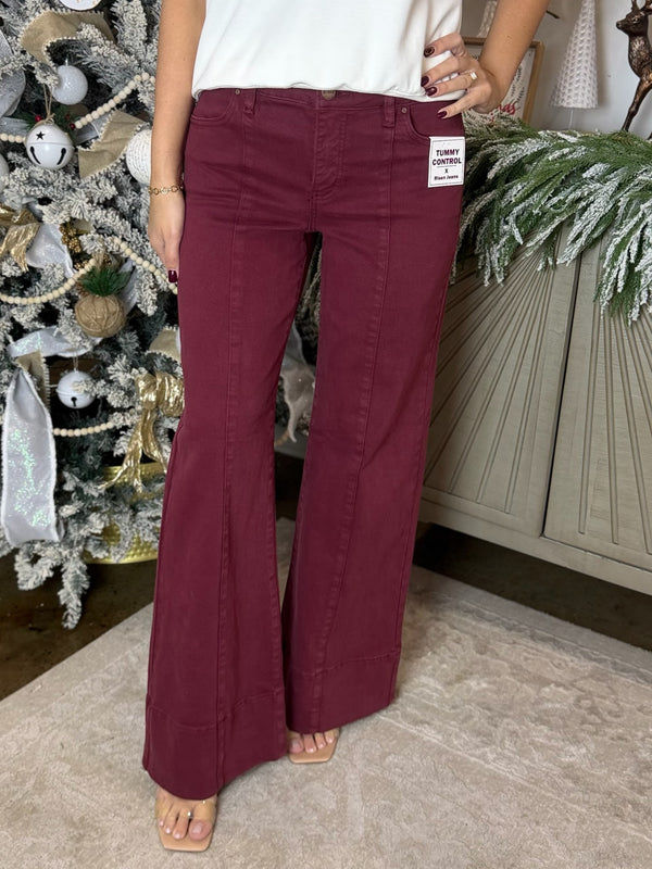 Wine Tummy Control Wide Leg Jean - Risen