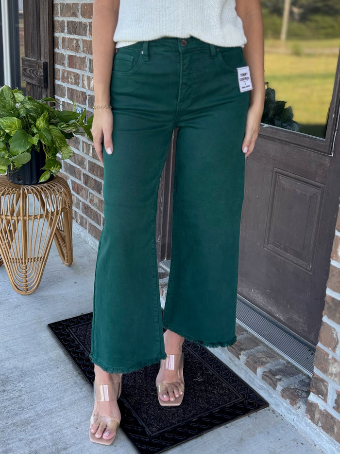 Hunter Green Crop Wide Leg Denim - Risen