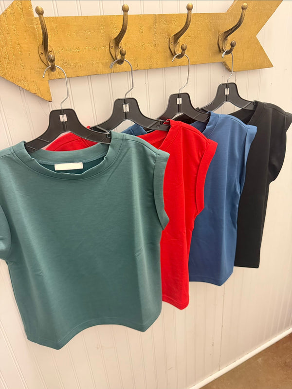 Four sleeveless crewneck t-shirts in teal green, red, blue, and black, hanging on black hangers from a wooden coat rack against a white paneled wall.