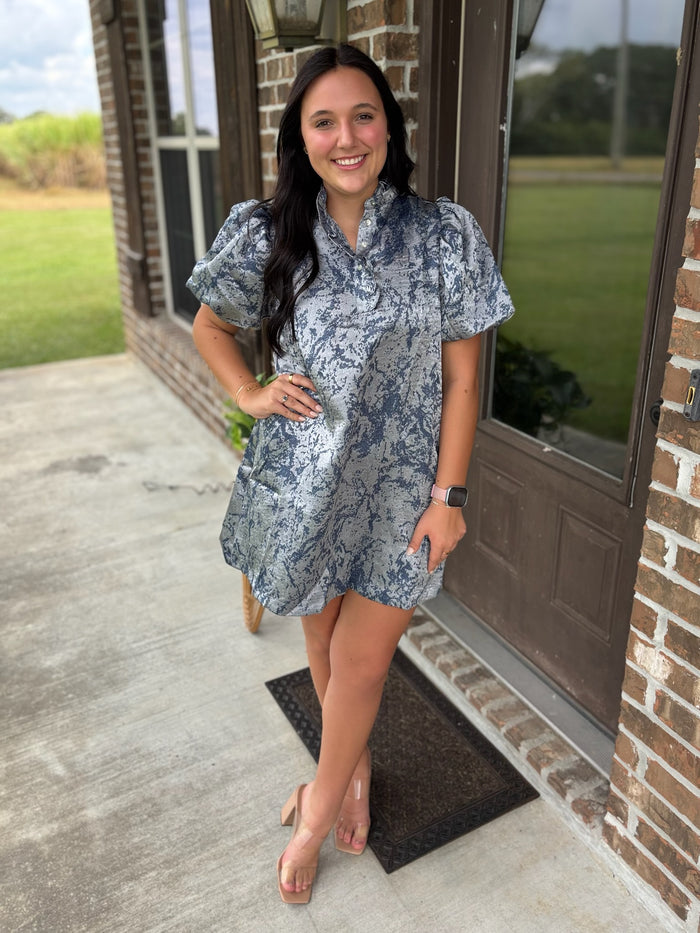 Midnight Marble Puff Sleeve Dress