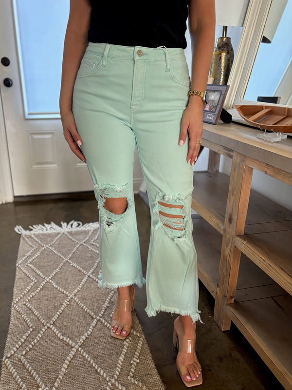 Mint Distressed Straight Leg Jean - Risen