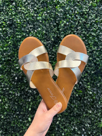 Pair of brown sandals with gold straps held against a green grass background
