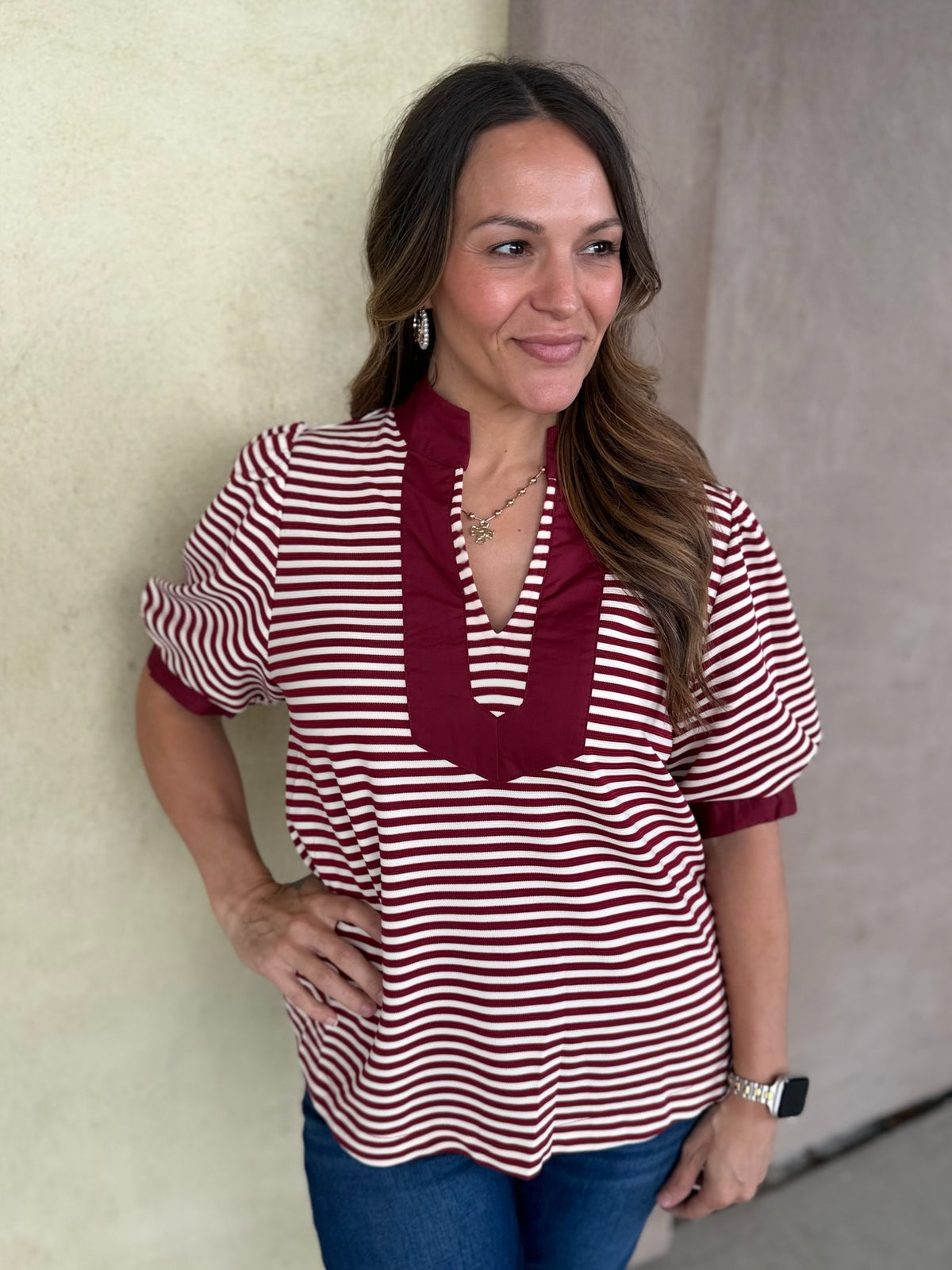Prep School Puff Sleeve Top - Burgundy