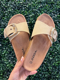 Beige sandals with a buckle held against a green grass background