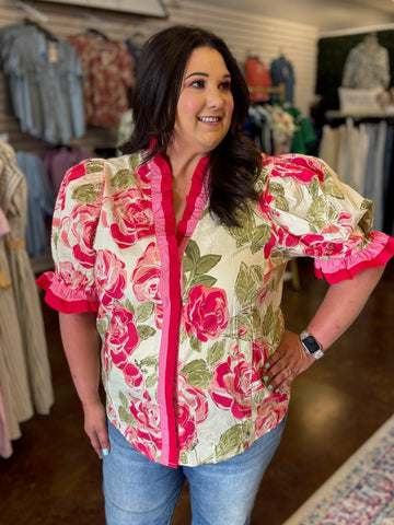 Rose Garden Ruffle Trim Top - Plus