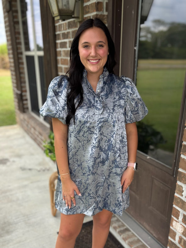 Midnight Marble Puff Sleeve Dress