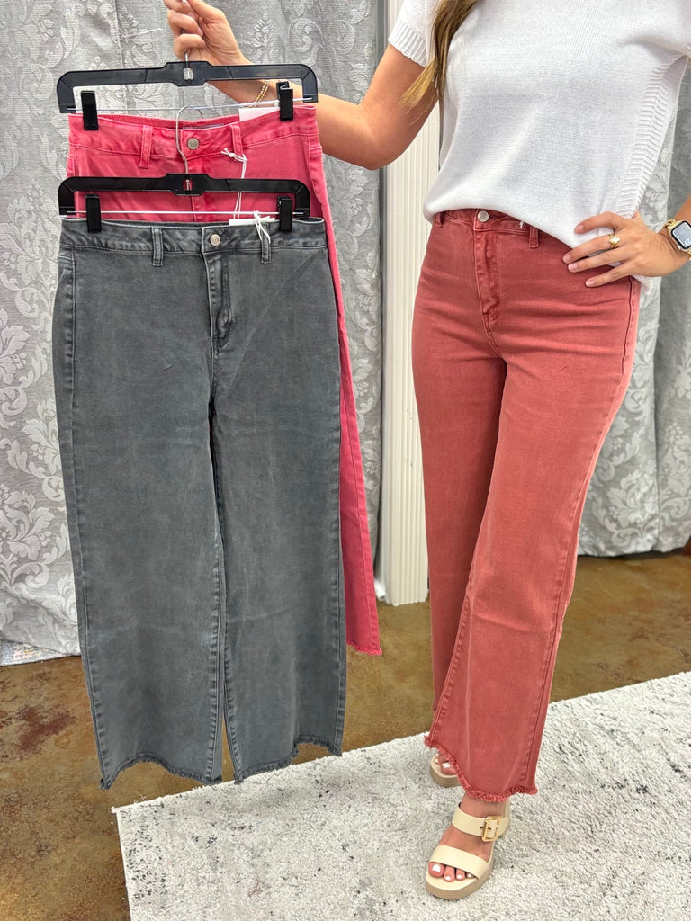 Acid Wash Frayed Cutoff Straight Wide Pant