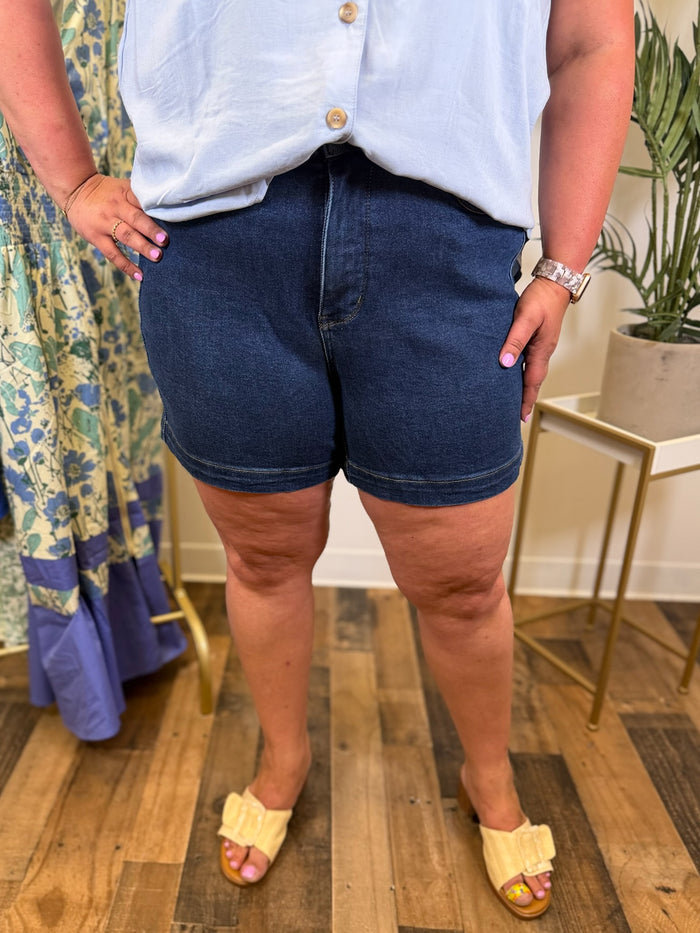 Person wearing dark blue high rise denim shorts and a light blue shirt in an indoor setting.