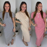 Three images of a woman wearing striped maxi dresses in different colors.