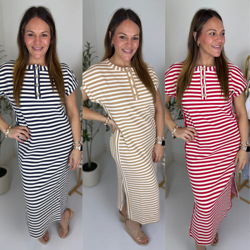 Three images of a woman wearing striped maxi dresses in different colors.