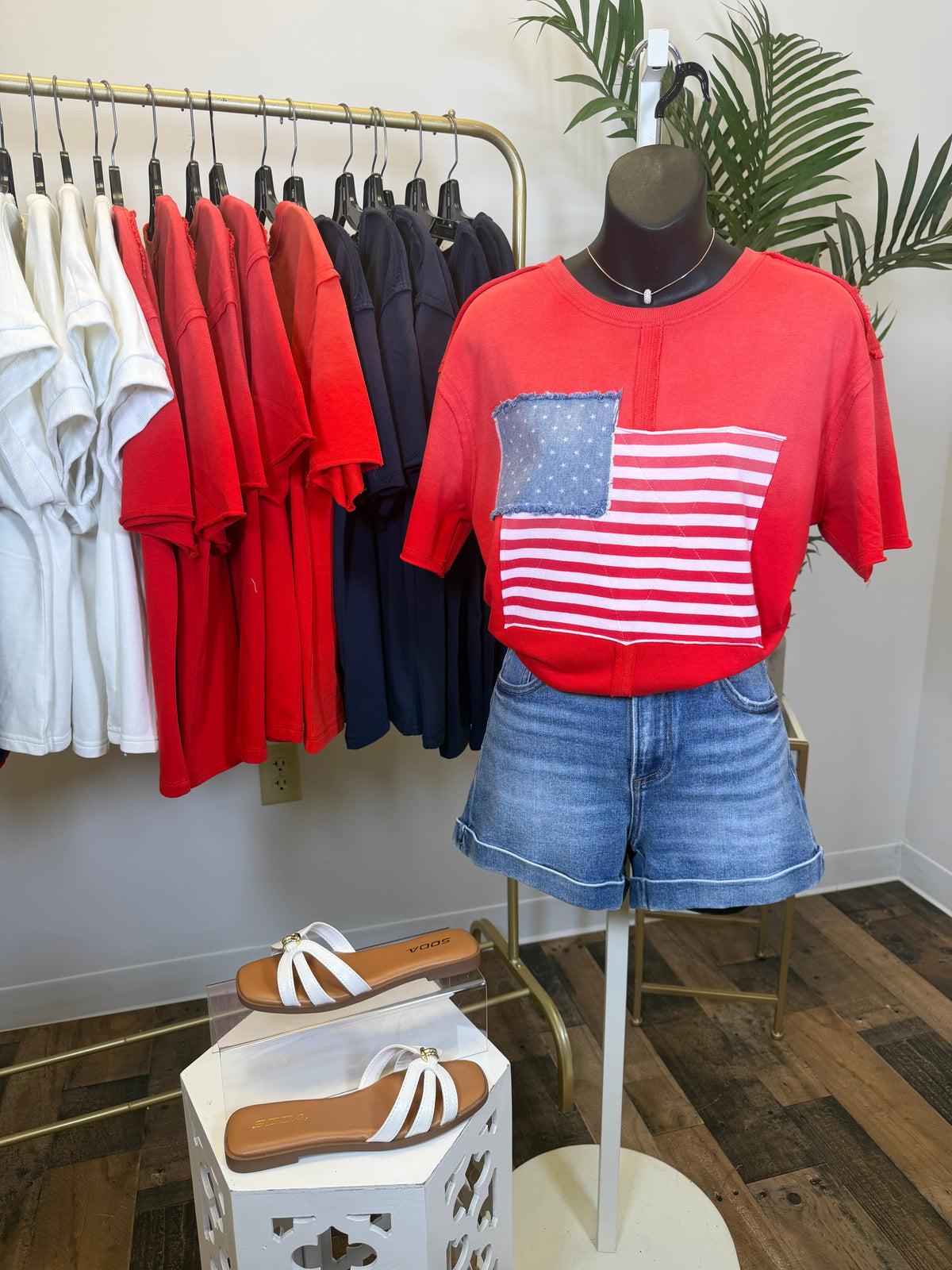 Red t-shirt with American flag design on a mannequin, surrounded by clothing and shoes.