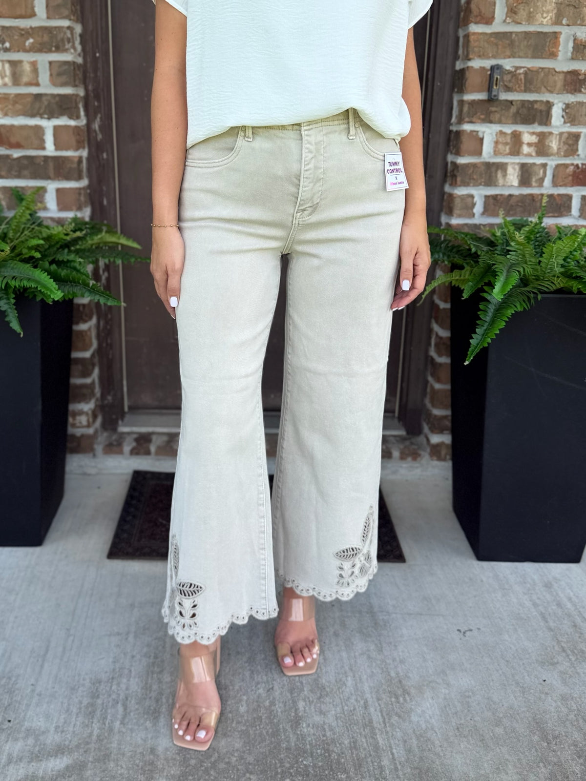 Ensley Tummy Control Crop Wide Eyelet Hem Jean - Risen (Almond)