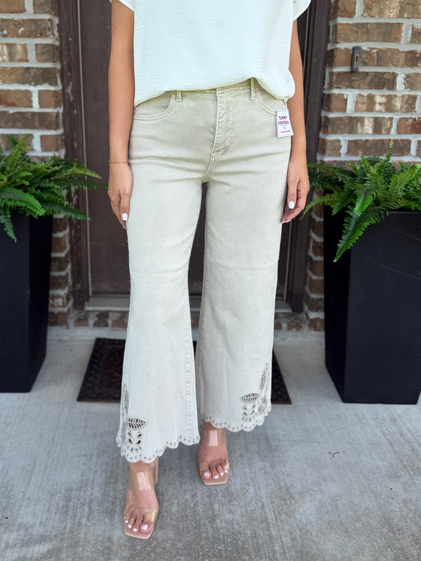 Ensley Tummy Control Crop Wide Eyelet Hem Jean - Risen (Almond)