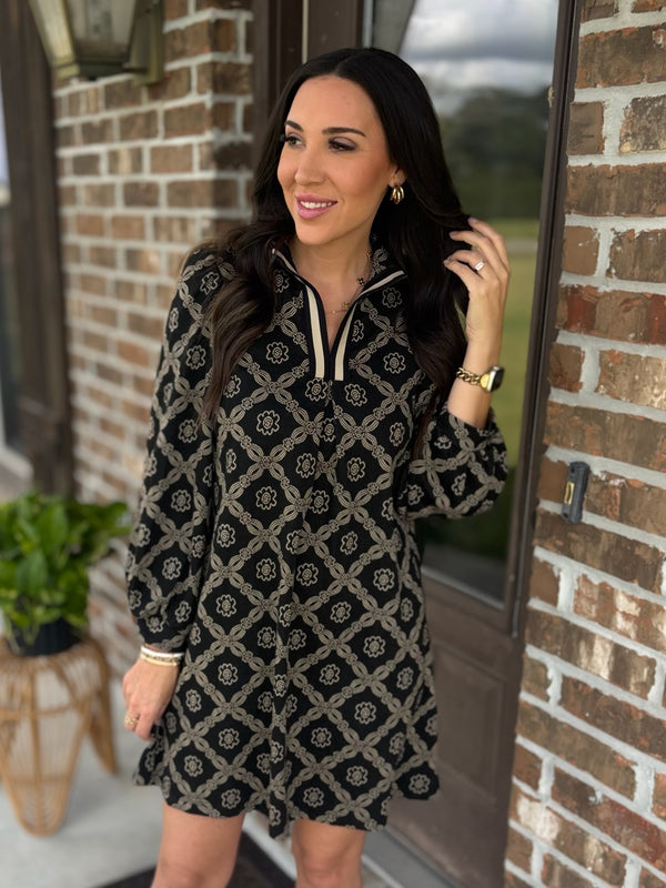 Golden Grid Split Neck Dress