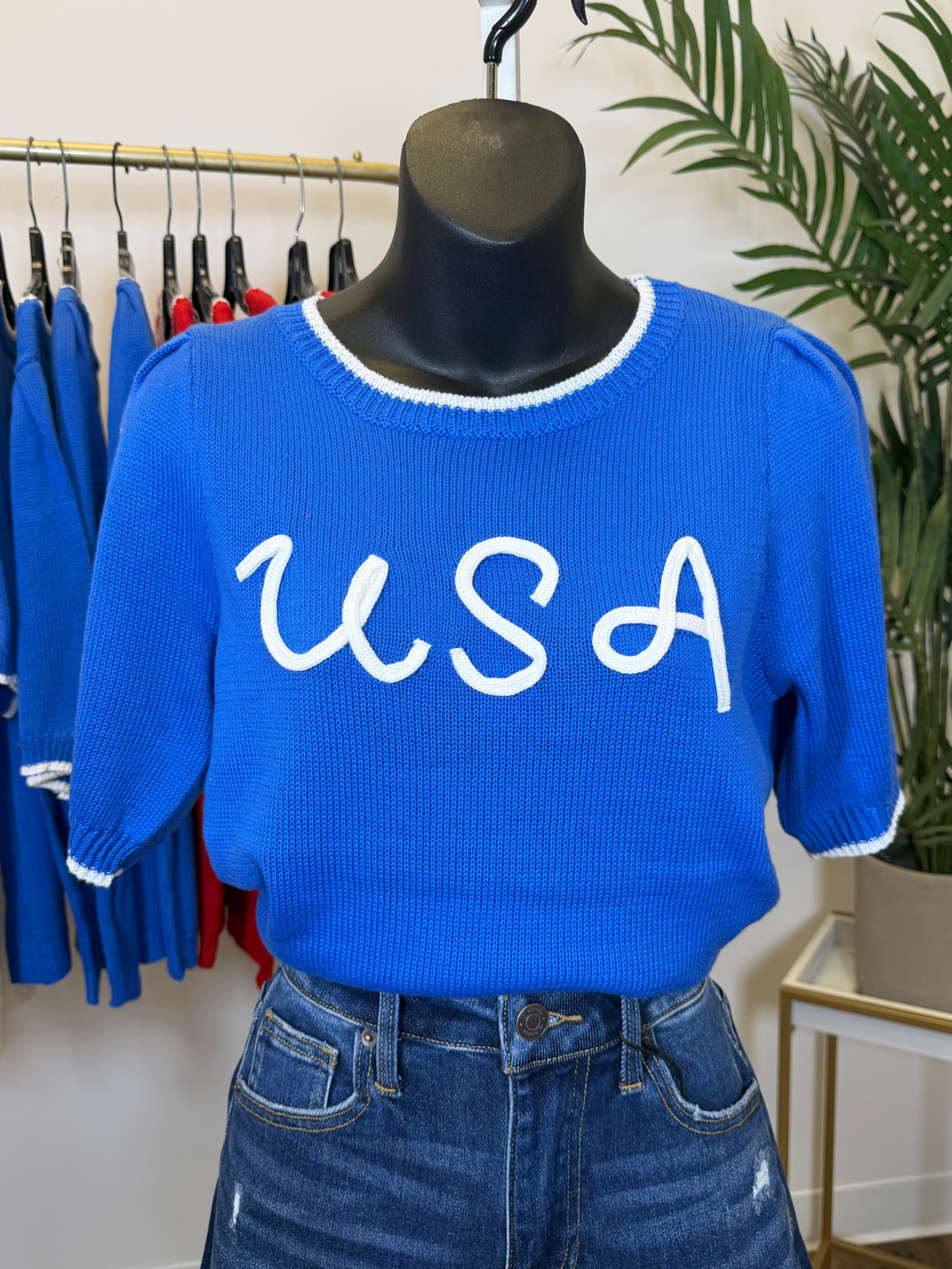 Blue puff sleeve sweater with white trim details and 'USA' text on a mannequin in a store setting.