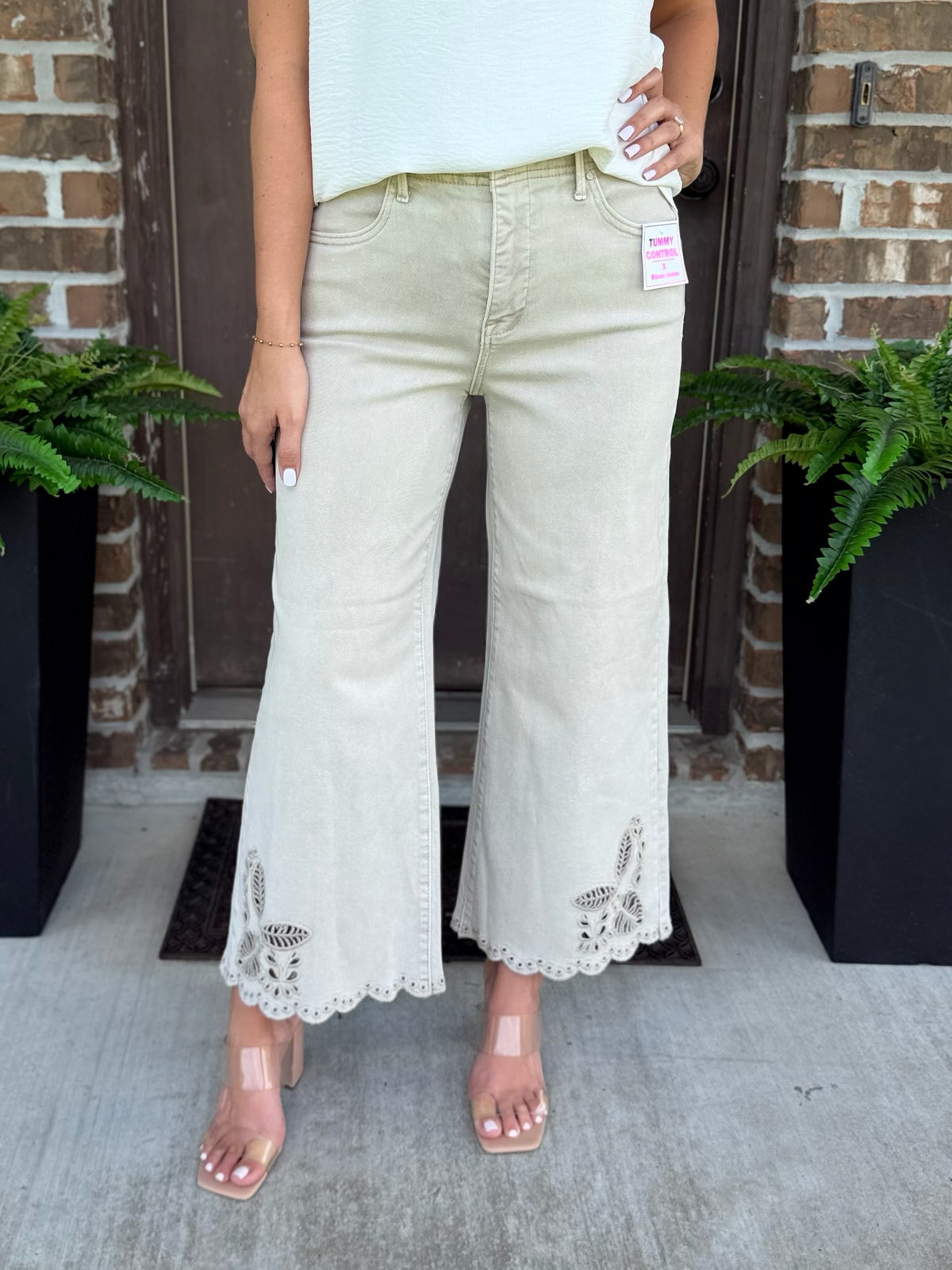 Ensley Tummy Control Crop Wide Eyelet Hem Jean - Risen (Almond)