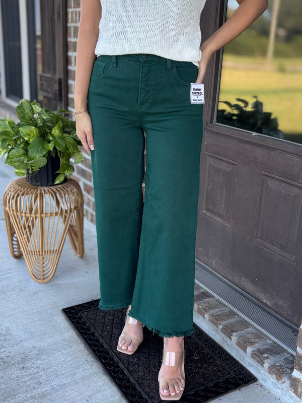 Hunter Green Crop Wide Leg Denim - Risen