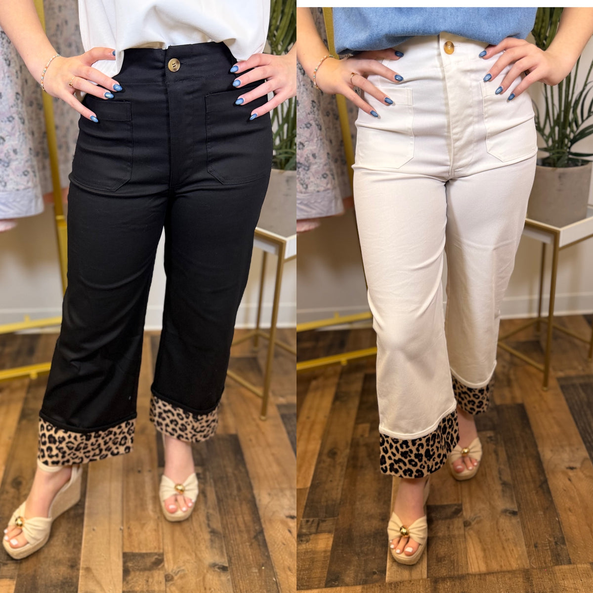 Two pairs of pants with leopard print cuffs worn by models indoors.