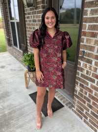 Gilded Petals Puff Sleeve Dress