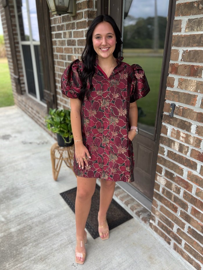 Gilded Petals Puff Sleeve Dress