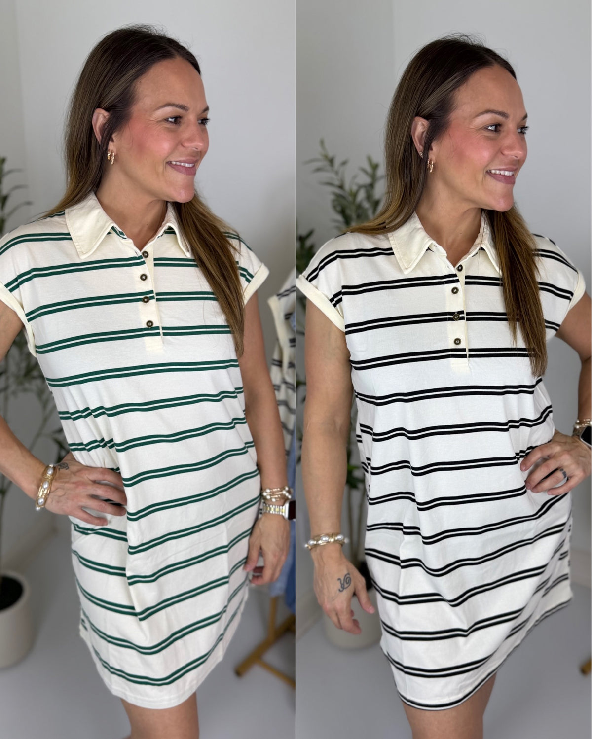 Woman wearing a white and green striped dress, smiling and posing indoors.