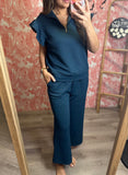 Double Take Full Size Texture Ruffle Short Sleeve Top and Wide Leg Pants Set