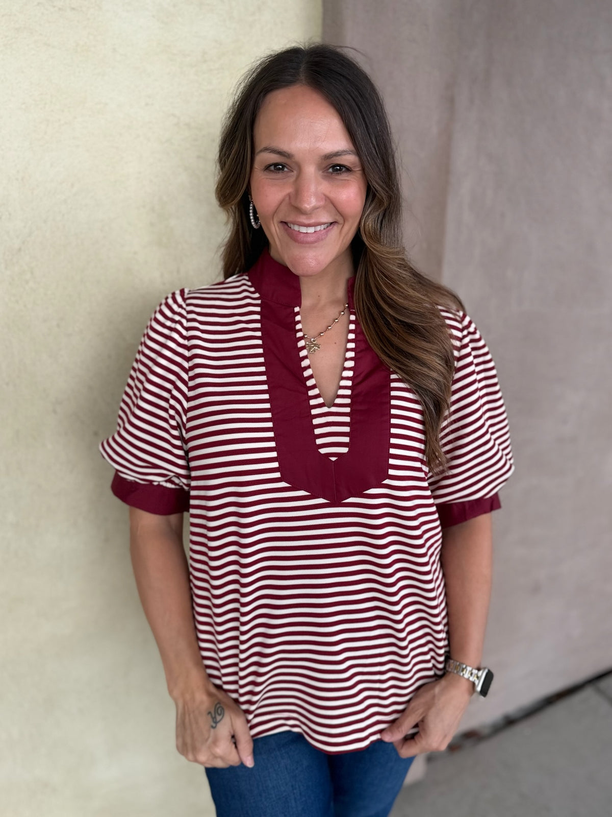 Prep School Puff Sleeve Top - Burgundy