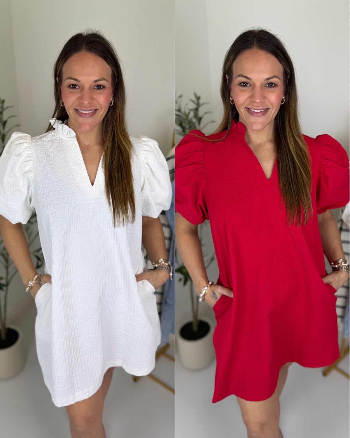 Two images of a woman wearing a white textured mini dress and the same dress in red against a neutral background