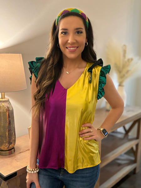 Mardi Gras Metallic Ruffle Sleeve Top