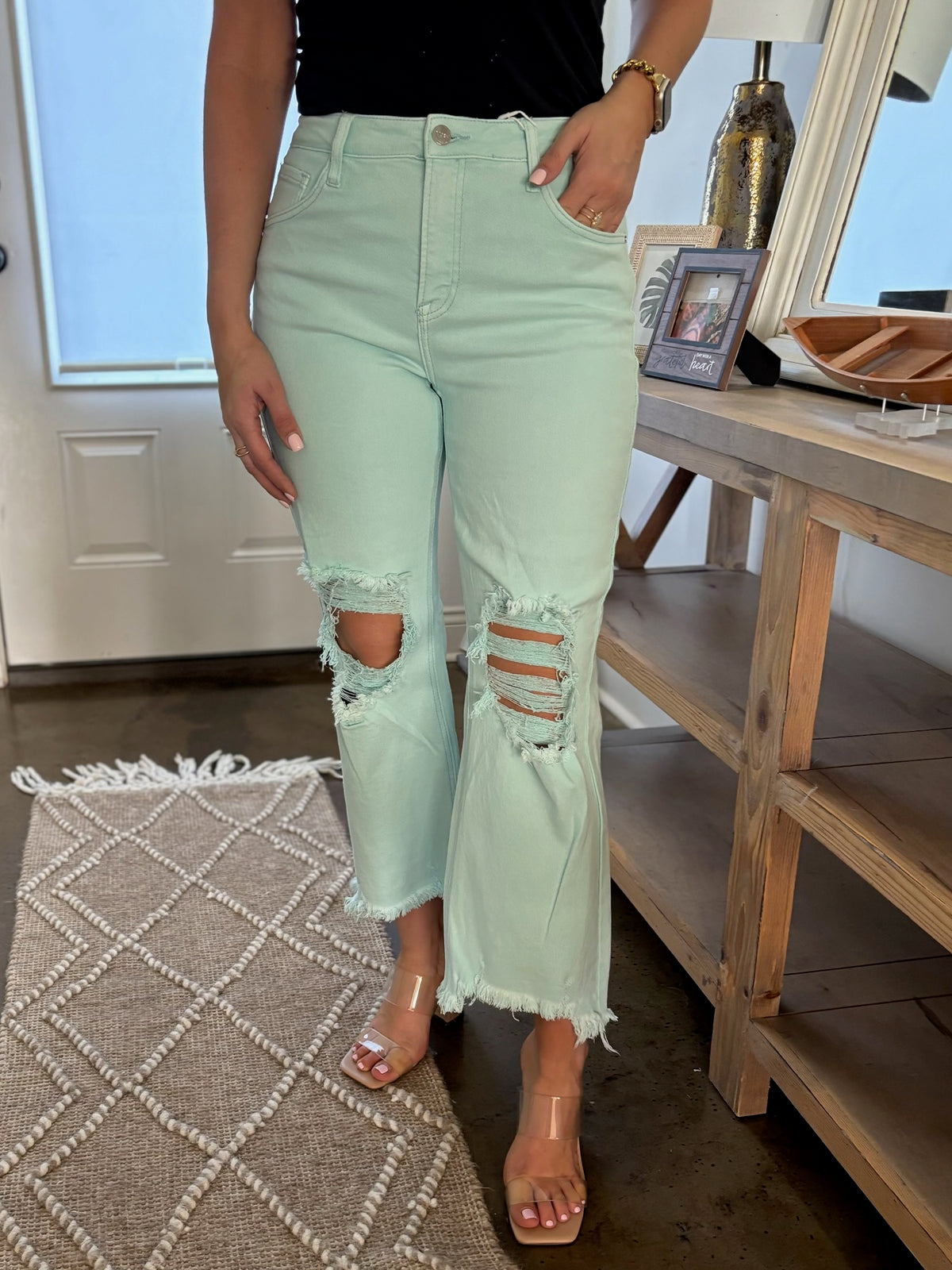 Mint Distressed Straight Leg Jean - Risen